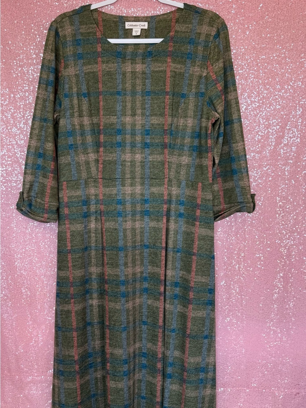 Coldwater Creek Olive Plaid Long Sleeve Midi Dress with Blue & Pink Stripes H7